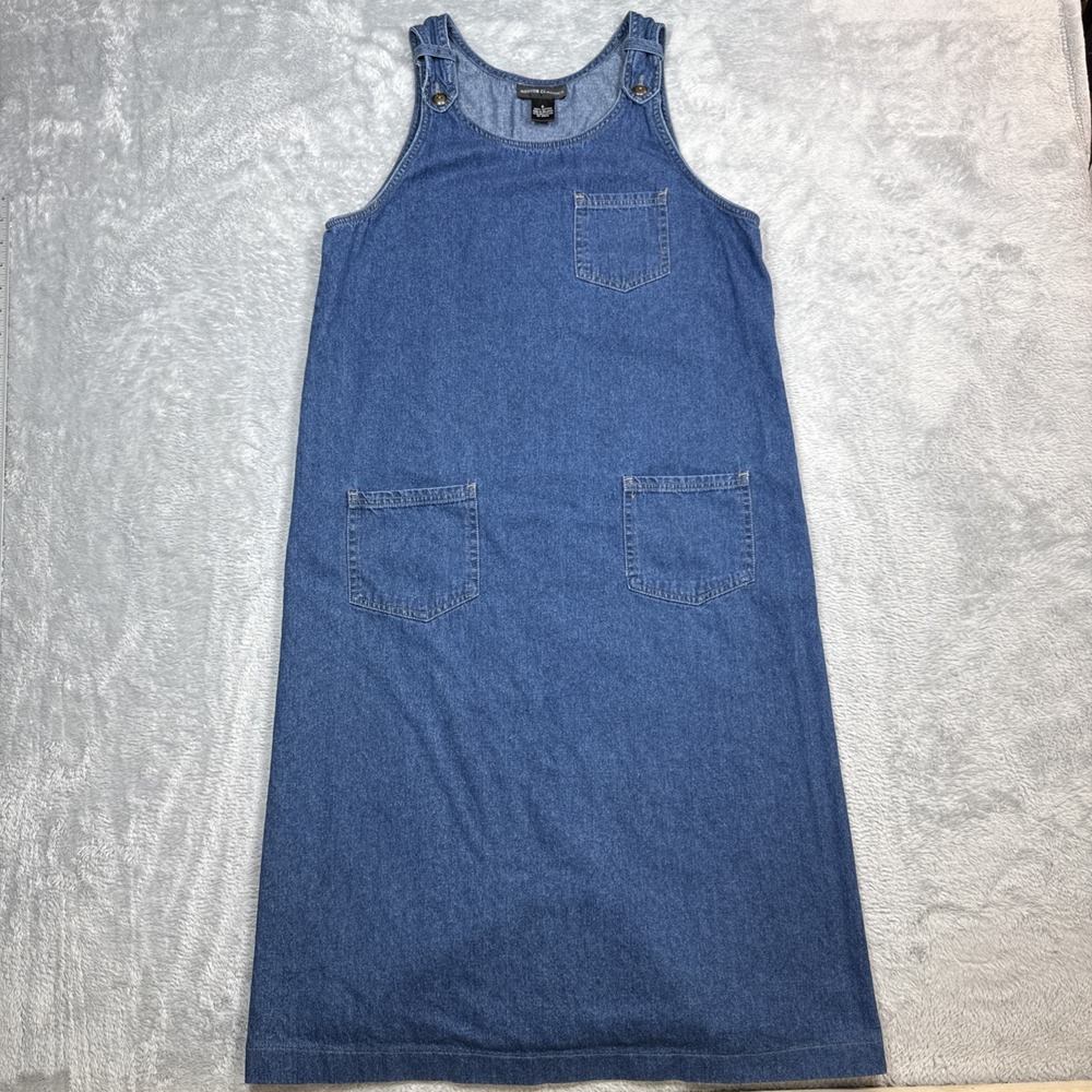 Boston Classics Denim Dress Women 8 Blue Sleeveless Pocket Button Straps Cottage